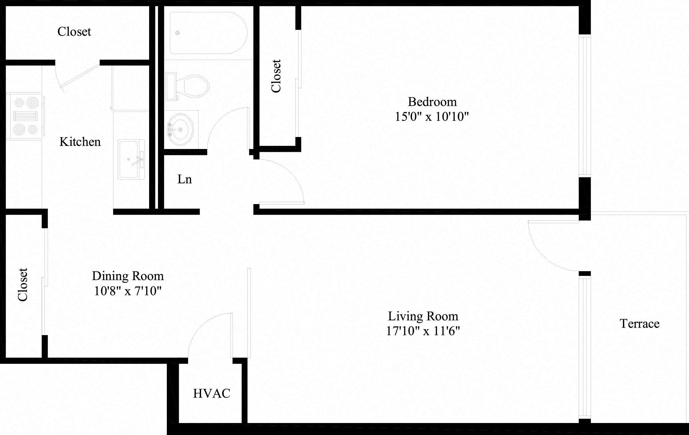 Floor plan for 1 bed, 1 bath, 659 sqft